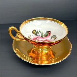 Vintage Taylor & Kent Large Pink Cabbage Rose Tea Cup Saucer Heavy Gold Signed